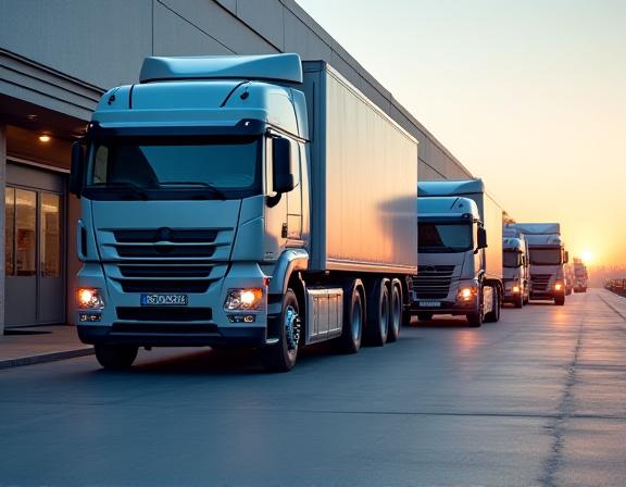Distribution trucks at a regional logistics depot optimizing last-mile delivery routes