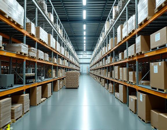 Modern e-commerce fulfillment warehouse with organized conveyor systems
